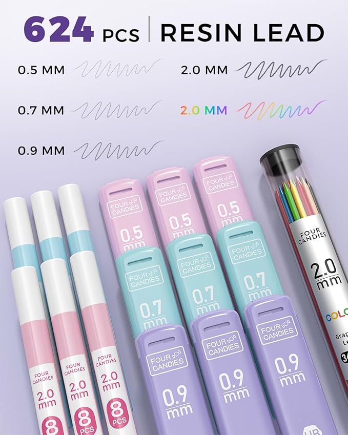 Four Candies 36PCS Aesthetic School Supplies, Mechanical Pencil Set 0.5mm, 0.7mm, 0.9mm & 2.0mm with 624 Lead Refills, Back to School Supplies for Writing & Drawing, Ideal Stationary Set Gift (Green)