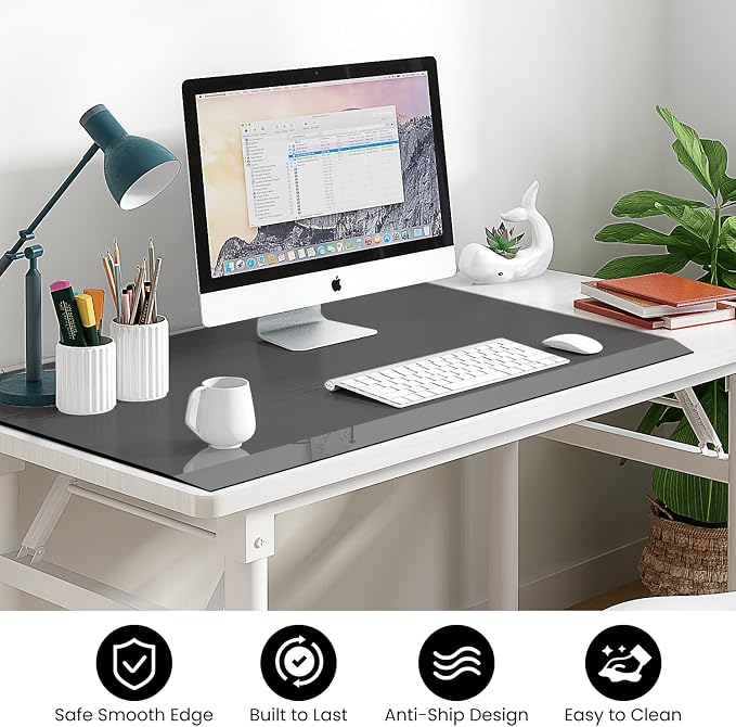 VASUHOME 24" x 18" Grey Tempered Glass Desk Mat with Beveled Edge - Ergonomic Desk Protector, Dry Erase Surface, Ideal Table Top Protector for Home & Office
