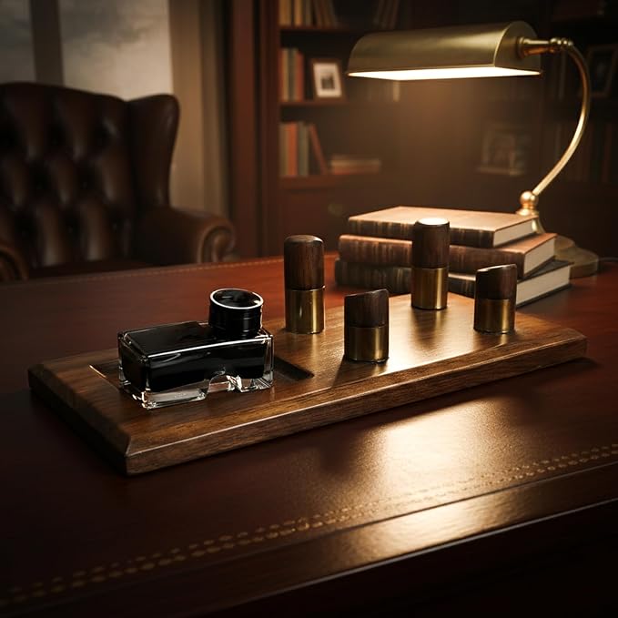 HOMORA Luxury Wooden Desk Pen Stand with Ink Bottle Holder – Premium Executive Office Organizer for Fountain Pens, Calligraphy Pens & Writing Accessories