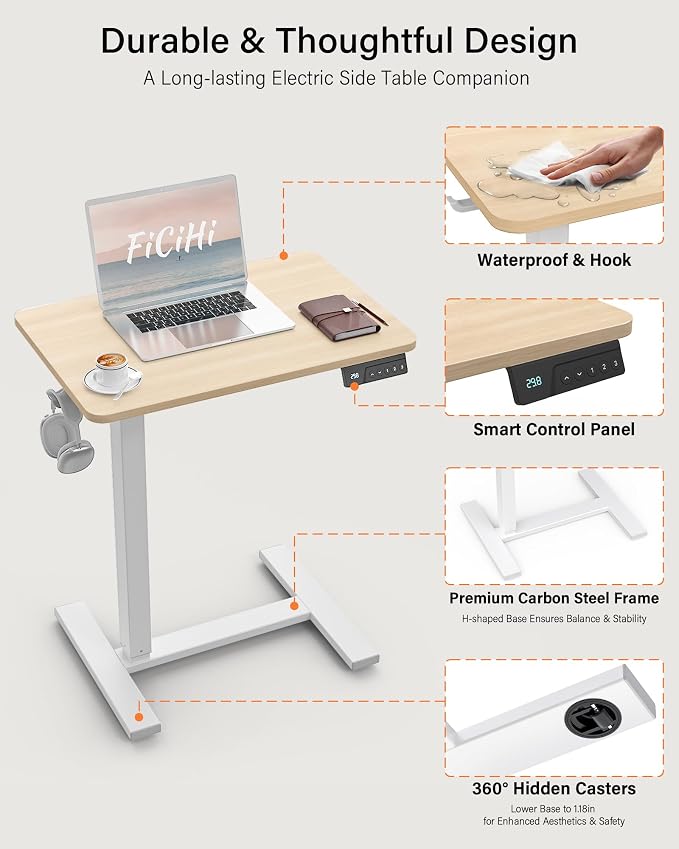 FiCiHi Electric Standing Desk with Wheels – Adjustable Height Mobile Sit-Stand Laptop Table, Portable Rolling Small Computer Workstation for Home Office & Bedside Use (24"x16", Maple)