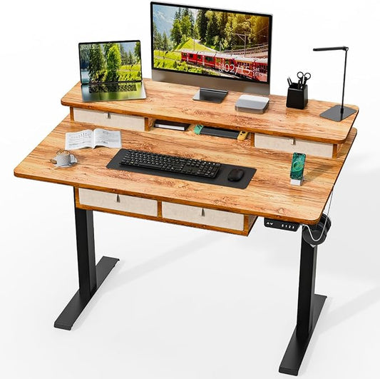 Kingant Electric Standing Desk with 4 Drawers,USB Charging Ports 48"x 30" | Ergonomic Height Adjustable Large Workstation, Heavy-Duty Sit Stand Up Desk For Home Office Daily Work,Light Rustic Brown