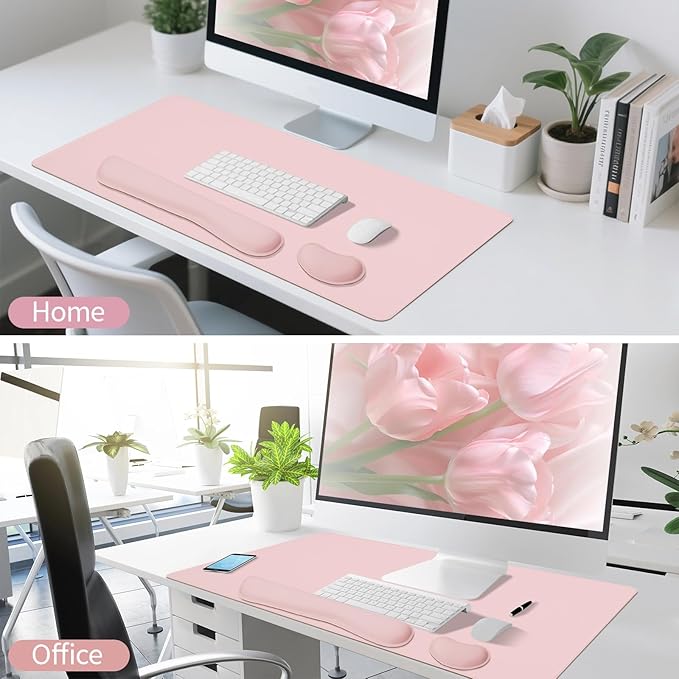 Desk Pad and Keyboard Wrist Rest, 3in1 Mousepad + Keyboard Wrist Rest+Mouse Wrist Rest for Home Office Table Computer Cover. (31.5×15.7,Pink)