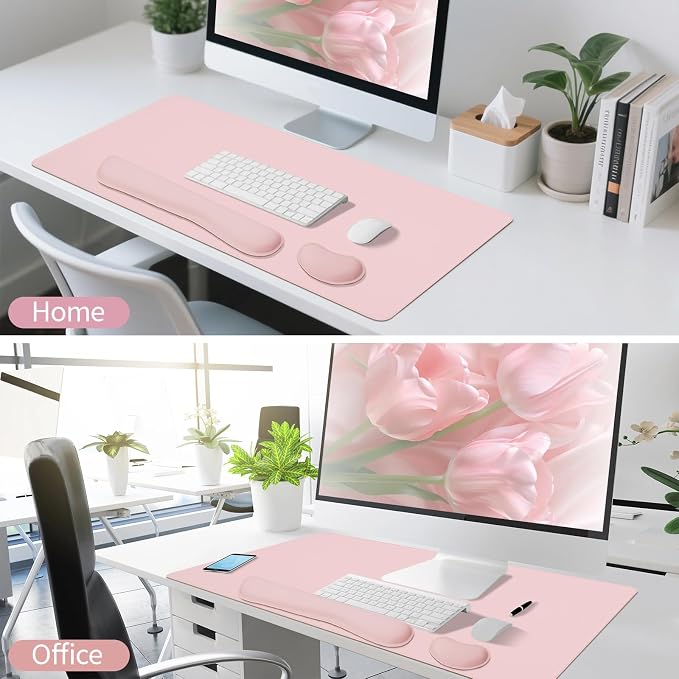 Pink Leather Desk Pad and Keyboard Wrist Rest, 27.6"x13.8" | 3in1 Mouse pad + Keyboard Wrist Rest + Mouse Wrist Rest, Non-Slip Waterproof Desk Writing Pad for Office and Home
