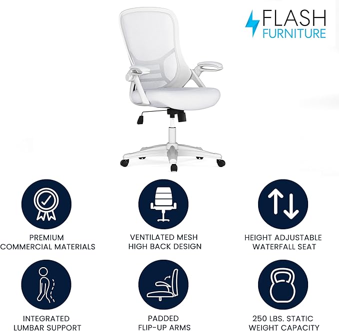 Flash Furniture Porter High-Back Swivel Office Chair with Adjustable Lumbar Support and Height, Ergonomic Mesh Desk Chair with Flip-Up Armrests, White