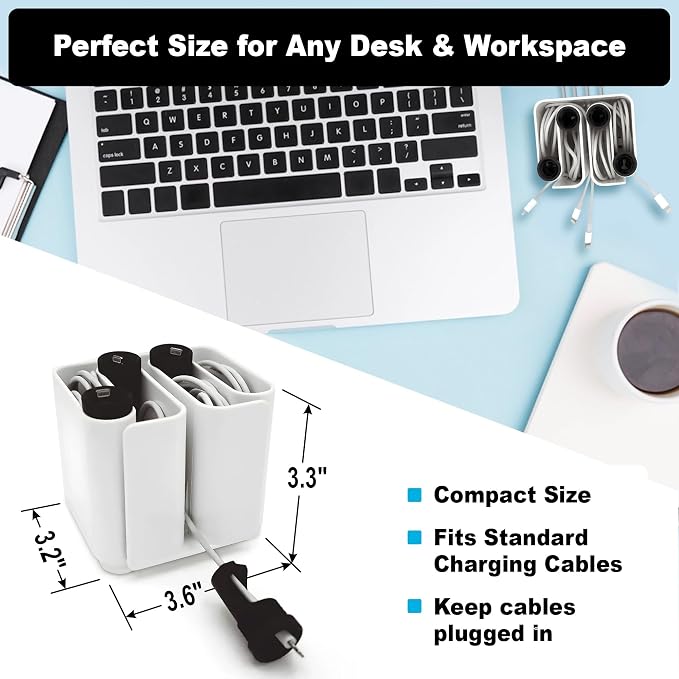 Cable Organizer with Multiple Compartments, Secure Cable Ends, Prevent Tangling, Tidy Workspace, Charging Solution, Desk Organizer Cord Management, White Plastic