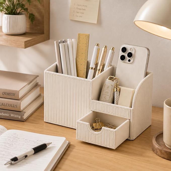 Luxury PU Leather Desk Organizer with Drawer, Modern Aesthetic Office Desk Accessories for Women, Multi-Compartment Pen Holder & Desktop Storage Organizer for Home Office, Cream White