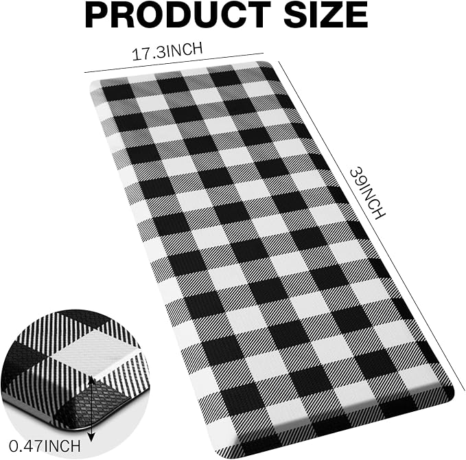 MAYHMYO Kitchen Mat Cushioned 1/2 Inch Thick Anti Fatigue Kitchen Rug Black and White Kitchen Floor Mat Non-Skid & Waterproof Kitchen Rug Comfort Standing Desk Mat for Home Office Sink