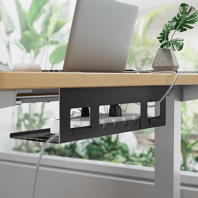 Under Desk Cable Management Tray, 15.7'' Screw-Mount Steel Rack | Metal Cord Organizer for Power Strips, Chargers, Reversible Installation, Effortless Wire Management for Home Office, Black