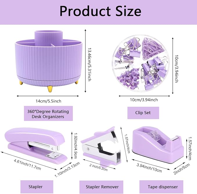 Office Supplies,Purple Desk Accessories,Office Supplies Set,Desk Organizer,Stapler,Tape Dispenser,Scissors,Staple Remover,Binder Clips,Staples,Ballpoint Pen,Index Tabs with Ruler,Clear Tape.10pcs