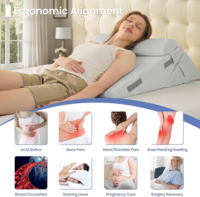 Sasttie Adjustable Wedge Pillow Set for After Surgery, Light Grey | Bed Wedge Pillow Headboard with Memory Foam Neck Cushion, for Acid Reflux, Sleeping, Neck & Back Support
