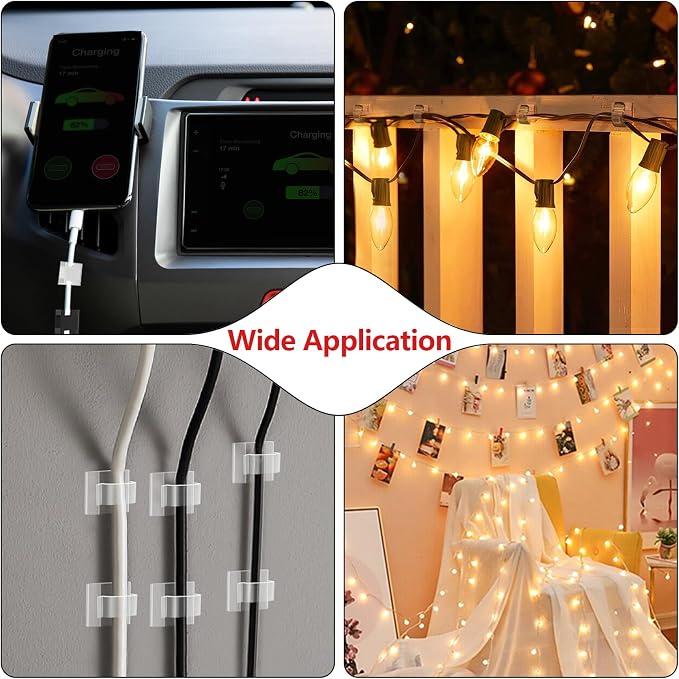 100PCS Cable Clips, Abnii Adhesive Wire Cord Organizer, Clear Glossy, Small | Strong for Christmas Lights, String Lights, Fairy Lights, Dash Cam, Wall, Desk, Outdoor Cable Staples Management Clips