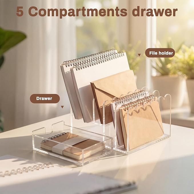 Xuhal Scalloped Acrylic Mail Organizer Holder with Drawer 5 Compartments Clear Document Sorter for Desk Bill Filling Envelope Holder Office, Home, School Organization