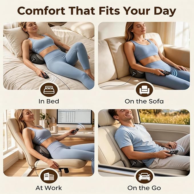 PakWizz 2026 Upgraded 4-in-1 Lumbar Support Pillow with Remote Control | Triple Fusion Back Massager with Heat, Vibration & Stretching, Portable Electric Lumbar Pillow for Home, Office, Travel & Car