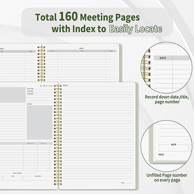 SUNEE Half Meeting Half Note - 8.5"x11" Professional Notebooks for Work - 160 Pages, A4 Size Project Planner, Spiral Meeting Agenda/Minutes Organizer for Women Men, Note Taking, Office & Business