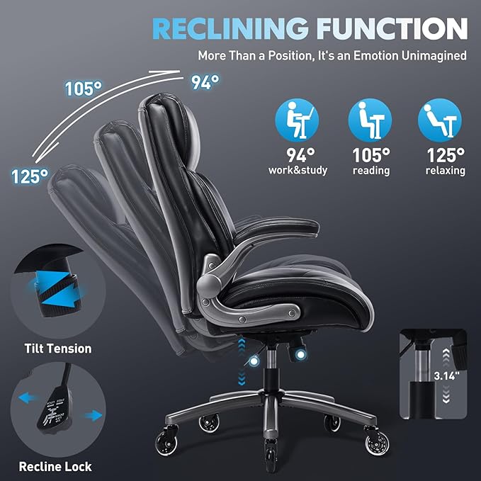 MALOL Ergonomic High-Back PU Leather Executive Office Chairs, Heavy Duty Home Computer Chair with Lumbar Support and Flip-Up Arms, 300lbs, Black
