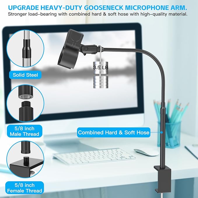ZealSound Microphone Stand 19inch,Flexible Gooseneck Desktop Mic Stands,Upgraded Microphone Clip Holder for Mics with Outer Diameter 1.03" and 2.59",3/8" to 5/8" Screw Adapter for Blue Yeti and More