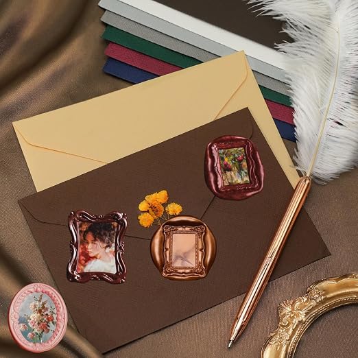 3D Embossed Frame Wax Seal Stamp, Frame Relief Carving Sealing Stamp Set with 150Pcs Red Green Gold Blue White Sealing Wax Beads in 5 Color, Melt Spoon Pen Kit for Wedding and Christmas (KM07)