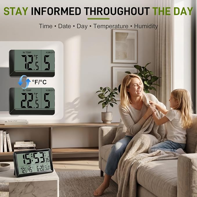 Atomic Clock Alarm Clock with Backlight, 8.7″ Battery Powered Clock Auto DST Self-Setting, Digital Wall Clock with Indoor Temperature Humidity, Snooze for Bedroom Office