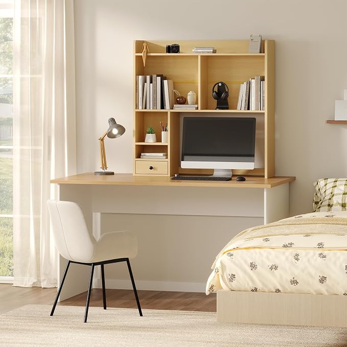 knoworld Desktop Bookshelf for 27" Monitor, Space-Saving Engineered Wood Desk Hutch Organizer with Adjustable Shelves & Drawer, Clutter-Free Tabletop Bookcase for Dorm & Home Office, Natural