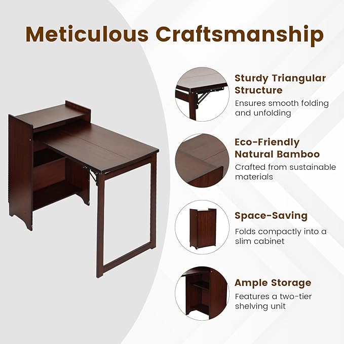Bamboo Folding Desk with Storage, Mid Century Fold Out Table, Space Saving Foldable Desk for Small Spaces, Multi-Functional Computer Desk for Home Office, Bedroom, Apartment & Dorm