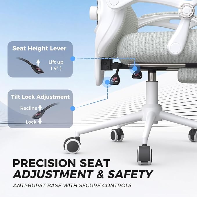 Ergonomic Office Chair - Adjustable Lumbar & Headrest, 90-160° Reclining with Footrest, Breathable Mesh Back - Home Office/Gaming Computer Chair (Modern, Light Grey)