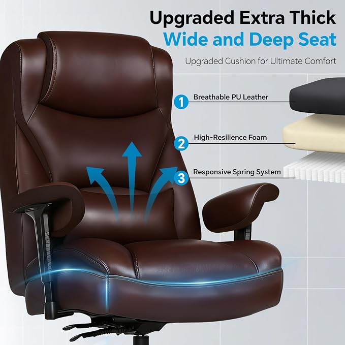 Big and Tall Office Desk Chair with 5-Position Armrests, 650 LBS Heavy Duty Executive Office Chair Comfy, Extra Wide Seat, High Back Computer Chair with Lumbar Support, Reclining Tilt Lock (Brown)