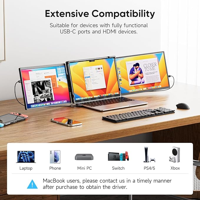 14" FHD 1200P IPS Laptop Screen Extender | Triple Portable Monitor, Plug & Play Dual Screen, Fits 14"-17.3" Laptops, Compatible with Win, Mac, Android&Chrome OS