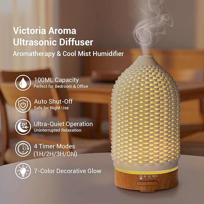 Ultrasonic Essential Oil Diffuser 100ML 3D Printing Ceramic - Cool Mist Humidifier, 7-Color LED Lights, 3 Timer & Auto Shut-Off, Ideal Gift for Home Bedroom Office (White)