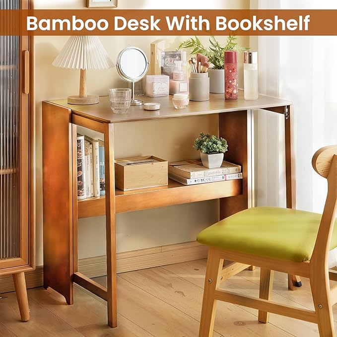 41" Bamboo Folding Desk with Bookshelf, Folding Bamboo Desk for Small Spaces, Computer Table Space Saving, Wooden Desks for Home Bedroom Study Office Bamboos Writing Desks, Brown