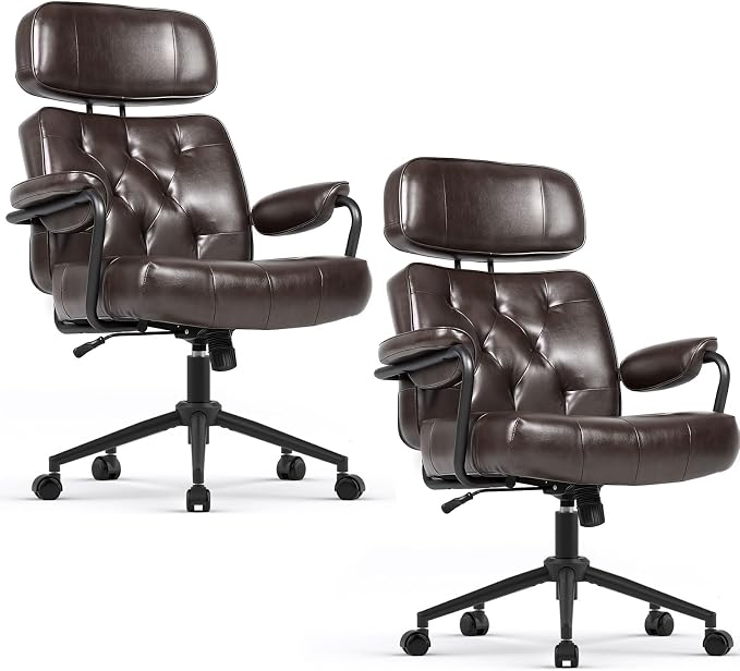 Mid Century Modern Home Office Desk Chair, Ergonomic Office Chair Big and Tall, High Back Executive Office Chair Leather Extra Wide, Computer Chair Comfy, Adjustable Height Rolling Chair,Chocolate 2PC