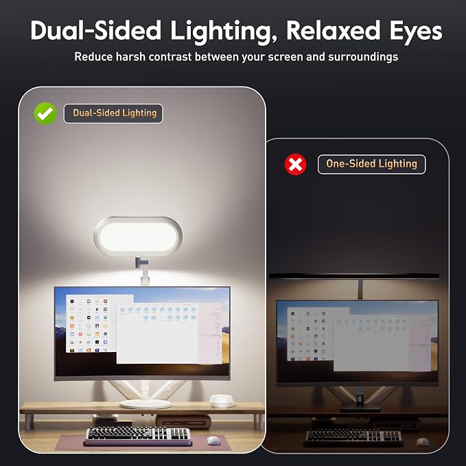 LED Desk Lamp for Home Office – Professional Double-Sided Lighting, Eye-Caring Computer Lamp with Knob Remote, Stepless Dimming & Color, Memory, for Zoom, Studying, Streaming & Video Conference, White