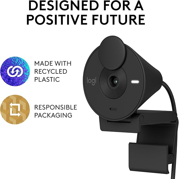 Logitech Brio 301 Full HD Webcam with Privacy Shutter, Noise Reduction Microphone, USB-C, Certified for Zoom, Microsoft Teams, Google Meet, Auto Light Correction - Black
