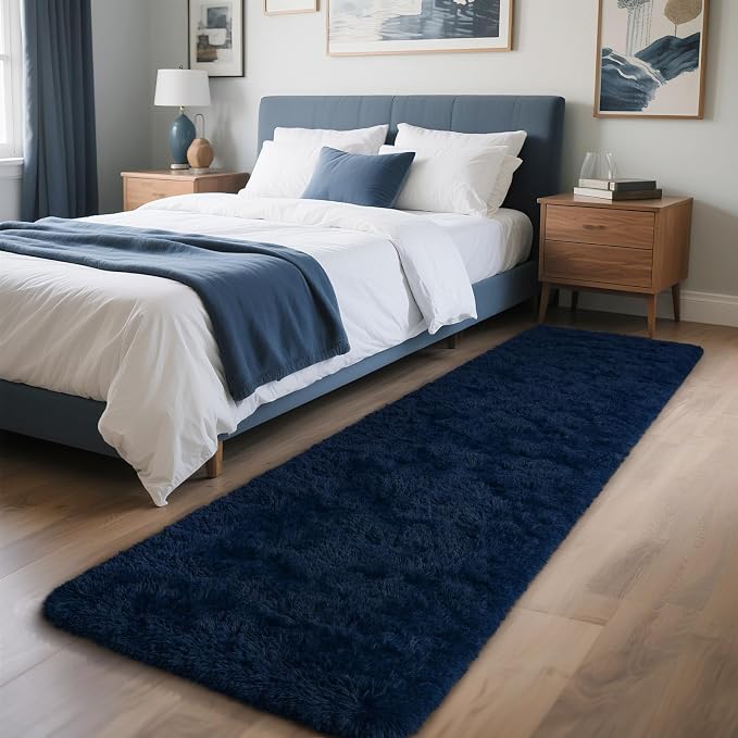 HOMORE 2x10 Runner Rugs for Bedroom, Navy Blue Runner Rug for Hallway Entryway Laundry, Modern Shag Bedroom Runner Cute Carpets for Kids Dorm Bedside