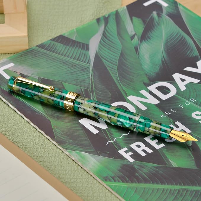 Asvine P20 Piston Fountain Pen, Stub Nib 1.1mm Calligraphy Art Drawing Green Marble Acrylic with Case Set