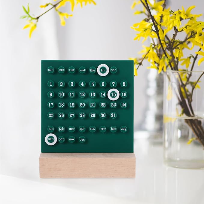 Ipetboom Perpetual Desk Calendar with Movable Rings and Base Reusable Acrylic Table Calendar for Office and Home Decoration Classic Manual Date Display Accessory in Green