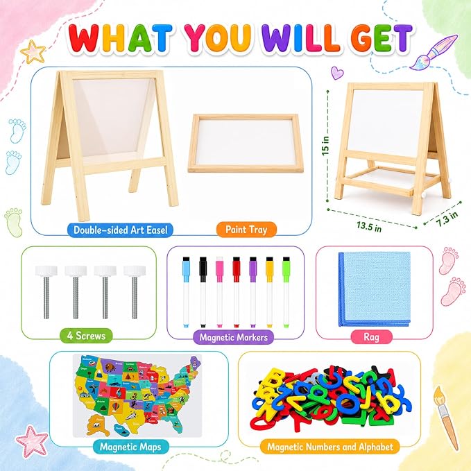 Magnetic Easel for Kids, Double-Sided LED Light Up Drawing Board Toddler | Wooden Tabletop Art Station with 7 Markers, US Map and Alphabet Number Magnets, Gift for Boys Girls 3-6