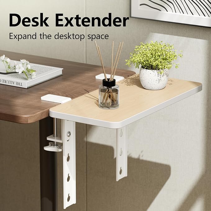 15.7"×7.5" Clamp-on Desk Extender, Monitor and Laptop Riser | Heavy-Duty Side/Top Desk Organizer Shelf, Adjustable Desktop Storage for Office Accessories, Light Wood