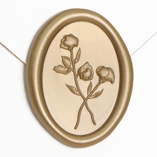 UNIQOOO Wax Seal Stickers - 3D Flower Oval Shape Wedding Invitation Envelope Seal Stickers, 50 Pcs Self- Adhesive Prosecco Metallic Light Gold Sticker, Perfect for Invitation, Christmas, Gift