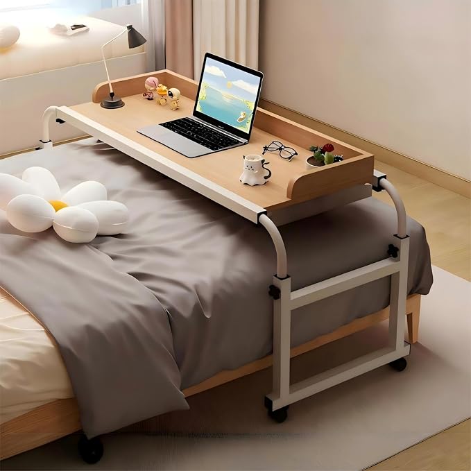 Overbed Table with Wheels and Desktop Enclosure, Height and Length Adjustable Over Bed Desk King Queen Bed Table Overbed Laptop Table (Walnut)