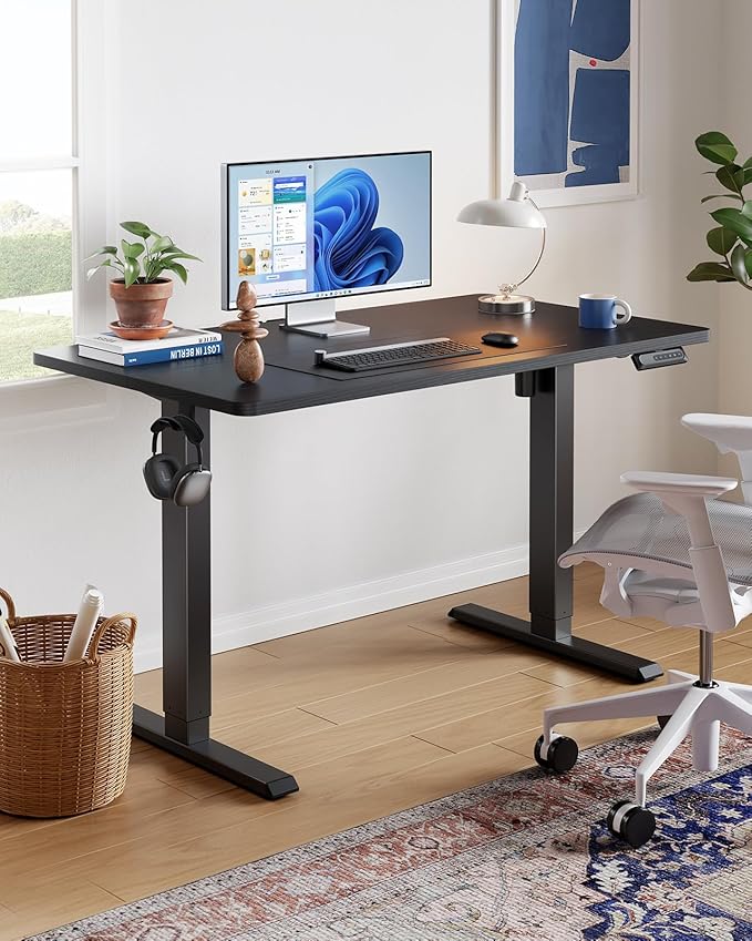 HUANUO 55 x 28 Inch Electric Standing Desk, Height Adjustable Computer Gaming Desk with 4 Memory Presets, Home Office Sit Stand Desk with Hooks & Cable Management, Black