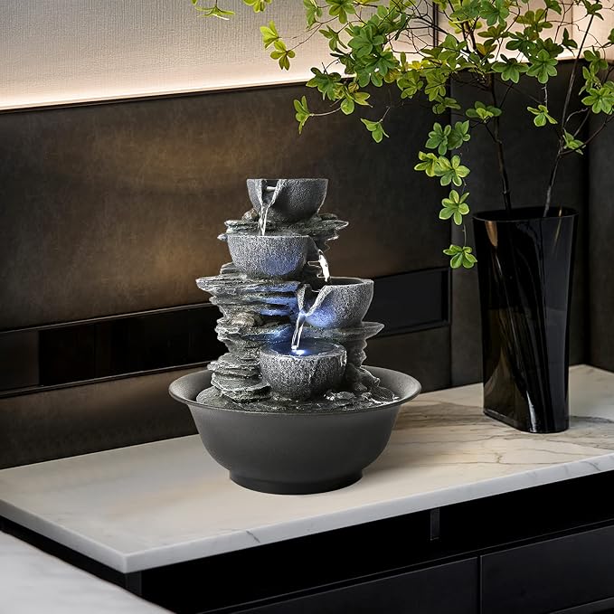 WICHEMI Tabletop Fountain Warer Fountain Indoor Waterfall Fountains | Indoor Fountain, Indoor Water Feature, 4-Tiers Stacked Rock Zen Meditation Desktop Fountain with Light for Home Office Decor