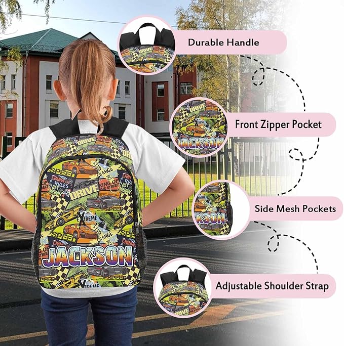 Personalized Cars Toddler Backpack with Name Custom Kids School Backpack for Boys Back to School Supplies Customized Name Schoolbag Bookbag and Water Bottle Cup&Pencil Pouch for Preschool Elementary
