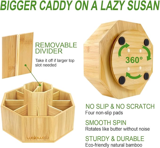 Bamboo Rotating Art Supply Organizer Caddy Holds 800+ Pencils Spinning Crayon 160 Marker Holder Desk Brush Colored Pencil Storage for Office Classroom Organization Stationary (Larger VER)