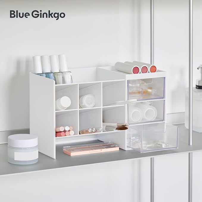 Blue Ginkgo Stackable Desk & Pen Organizer, White, Made in Korea | Multi-Compartment. 3 Transparent Drawers. Easy Access.