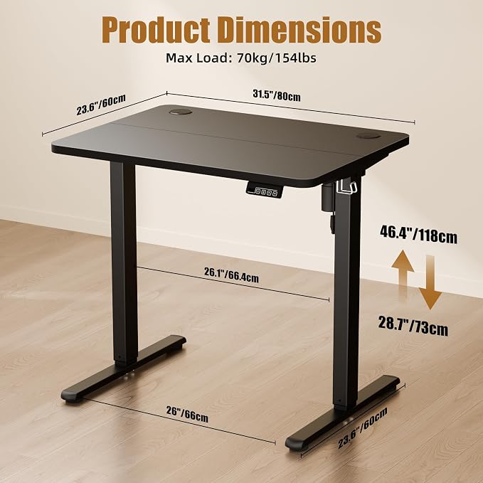 Small Standing Desk, 32"x24" Height Adjustable Sit-Stand Office, Black | Electric Adjustable Standing Desk, Sit to Stand Computer Office Desk with Splice Board, Memory Preset, Lifts 28.7''-46.5"