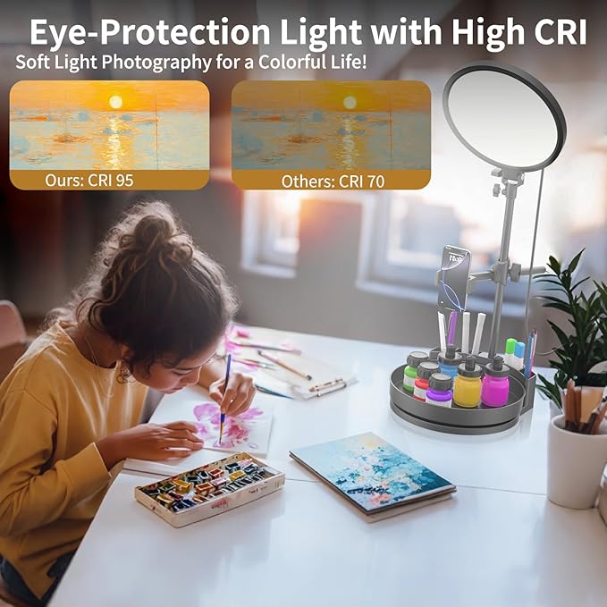 Selfie Light Kit for Desk and Laptop,55W Dimmable Full Screen Ring Light,with Rotating Storage Box,Pen Holder Stand,Phone Holder and Controller (Black-RGB, 10.5)