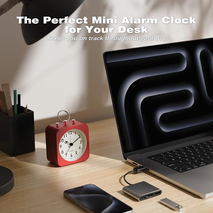 AYRELY® Small Metal Alarm Clock, Desk and Table Clock for Travel | Battery Operated Retro Silent Clock with Light for Bedroom, Bedside, Shelf and Living Room Decor (Red)