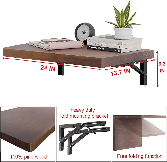 IAE Wall Mounted Folding Table with Pine Wood,24" x 14" Floating Wall Desk,Laundry Folding Table with Shelf Brackets,Fold Down Desk Shelf,Folding Workbench for Home,Dining,Laundry Room,Kitchen,Brown