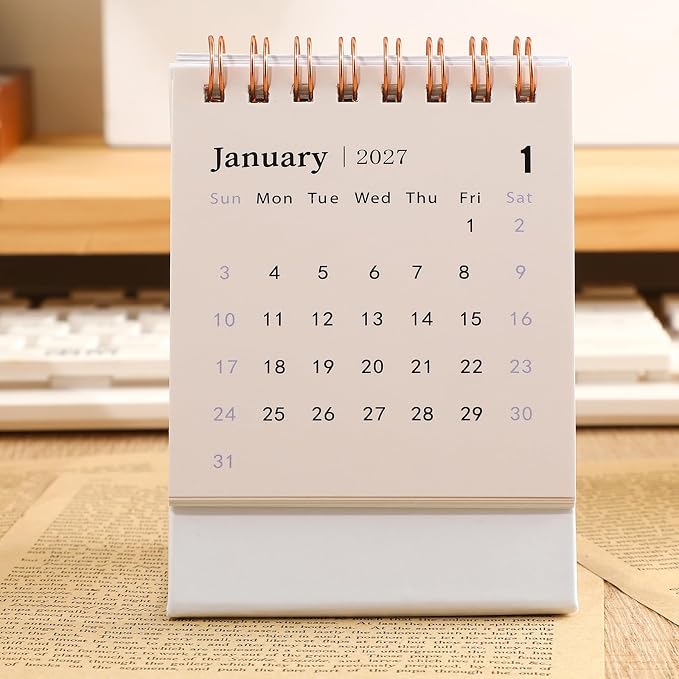 Mini Desk Calendar 2026-2027, Monthy Small Desktop Calendar Runs From July 2026 until Dec 2027, 250 GSM Thick Paper Twin-Wire Binding for Home or Office (White)