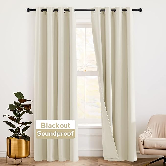 RYB HOME Soundproof Divider Curtains for Living Room Window, 3 Layers Energy Smart Window Drapes Totally Blackout Curtain Shade for Dorm Studio Kids Room, W 52 x L 90 inches, Beige, 2 Pcs